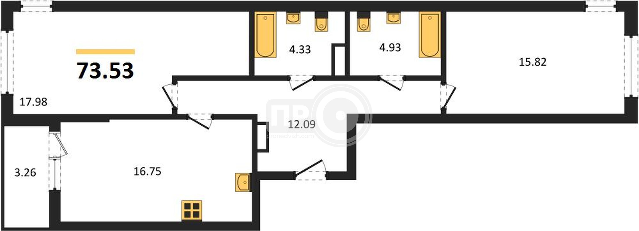2-комнатная квартира, 73.53кв.м