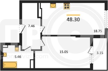 Миниатюра 1-комнатная квартира, 48.3кв.м