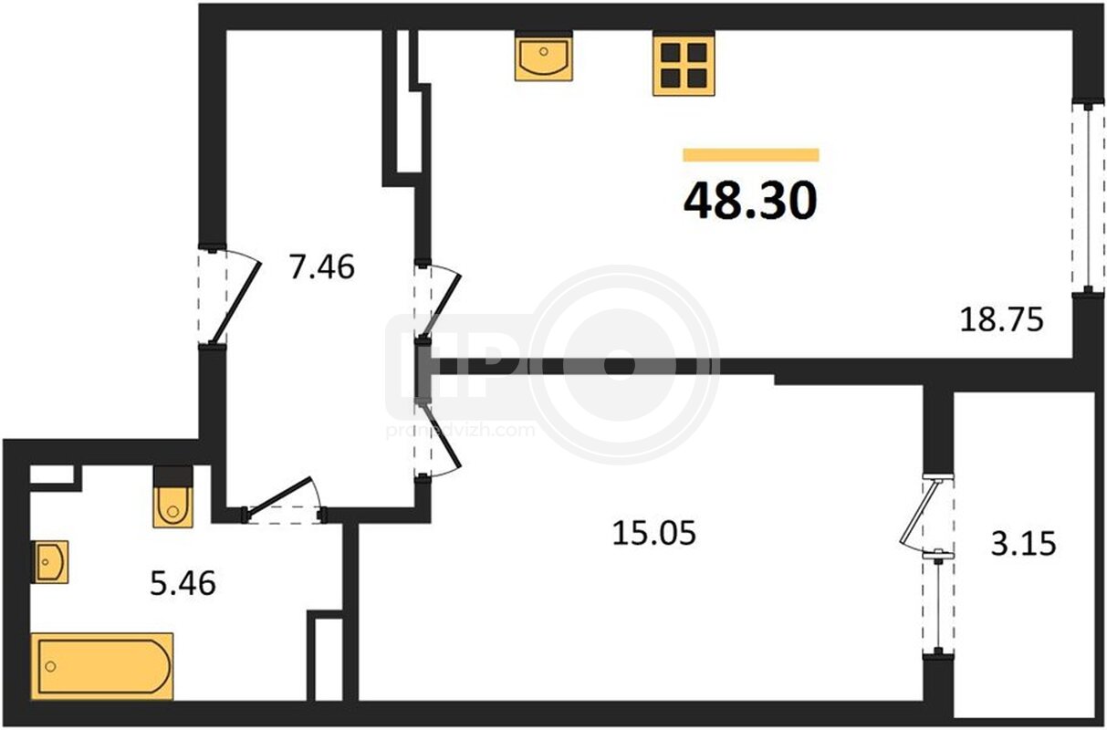 1-комнатная квартира, 48.3кв.м