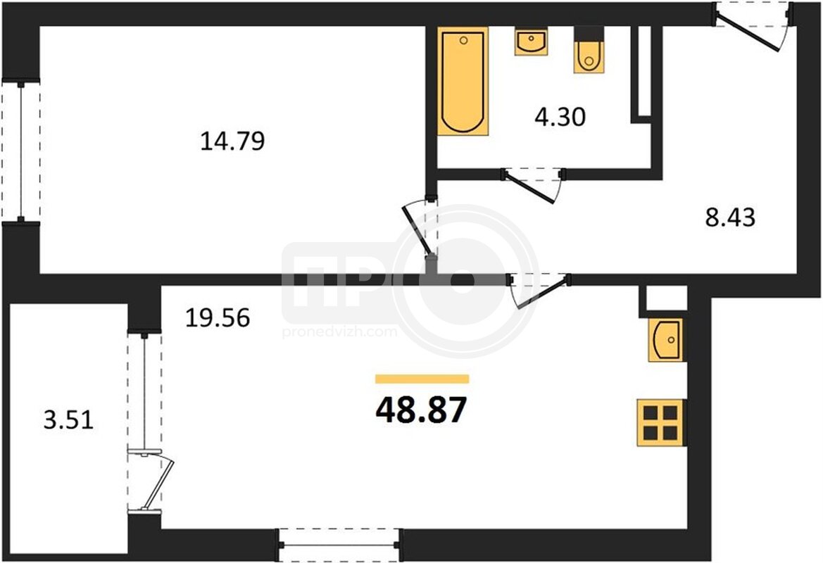 1-комнатная квартира, 48.87кв.м
