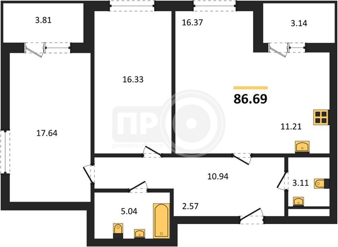 2-комнатная квартира, 86.69кв.м