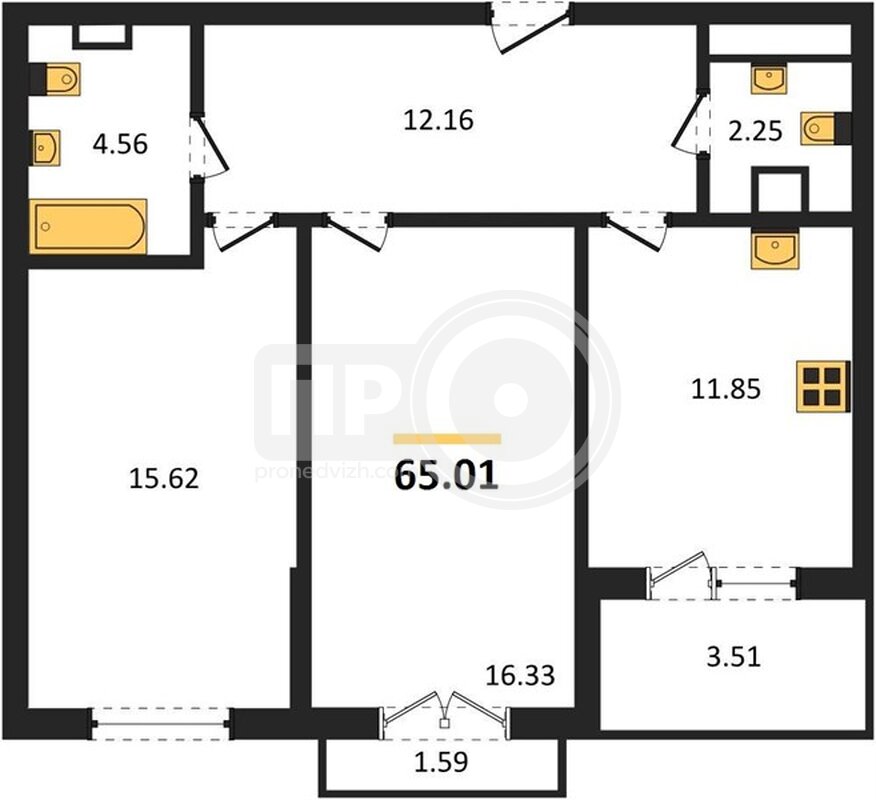 2-комнатная квартира, 65.01кв.м