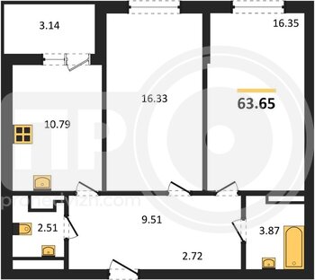 Миниатюра 2-комнатная квартира, 63.65кв.м