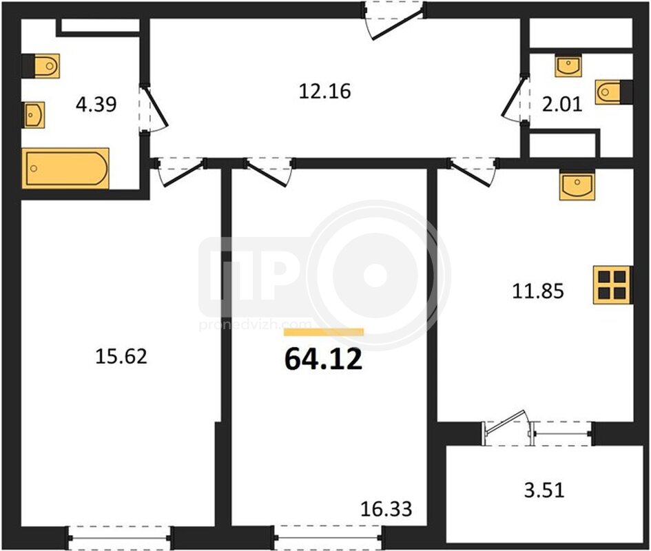 2-комнатная квартира, 64.12кв.м