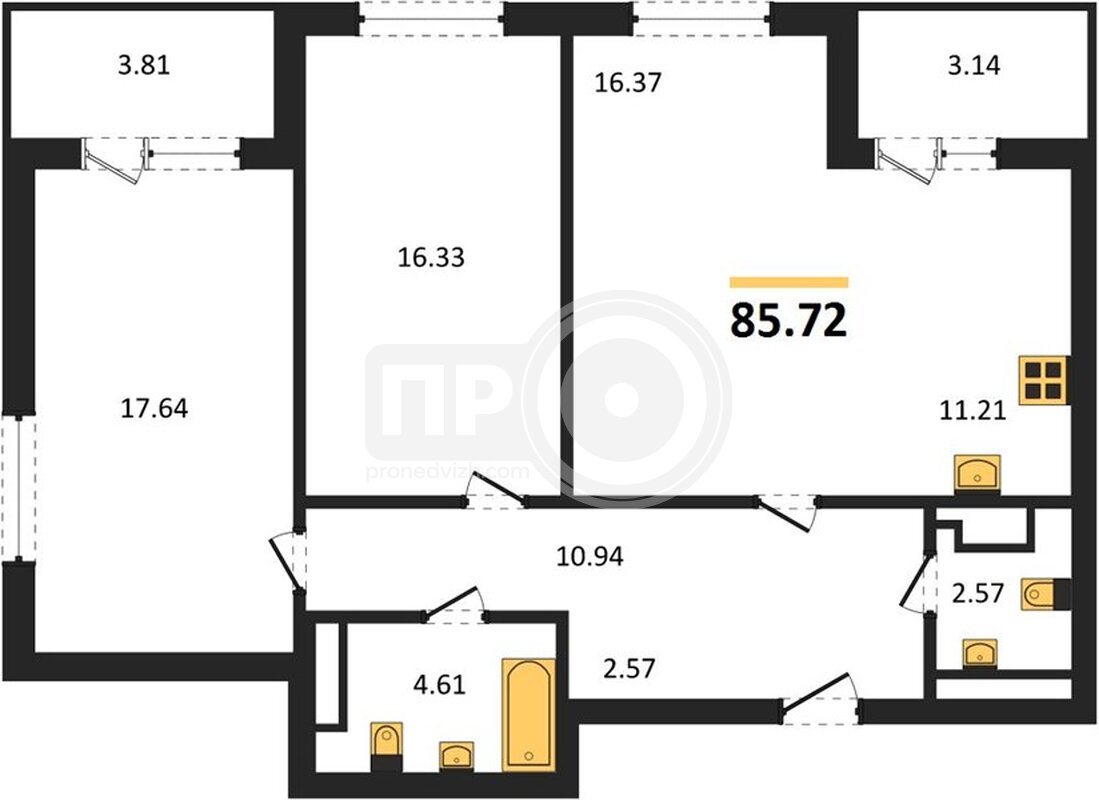 2-комнатная квартира, 85.72кв.м