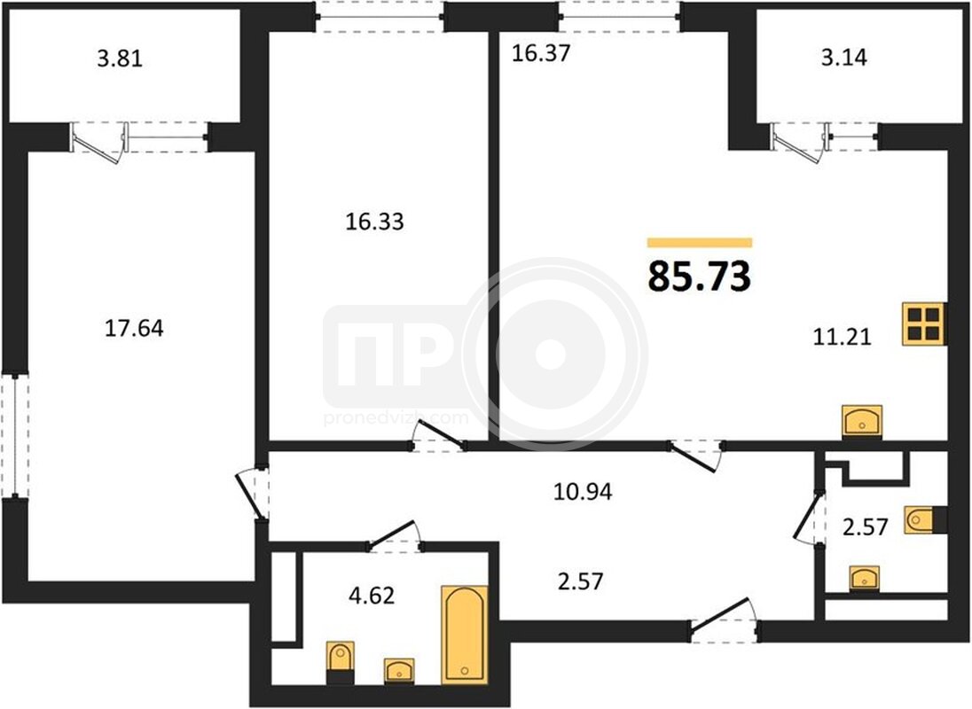 2-комнатная квартира, 85.73кв.м