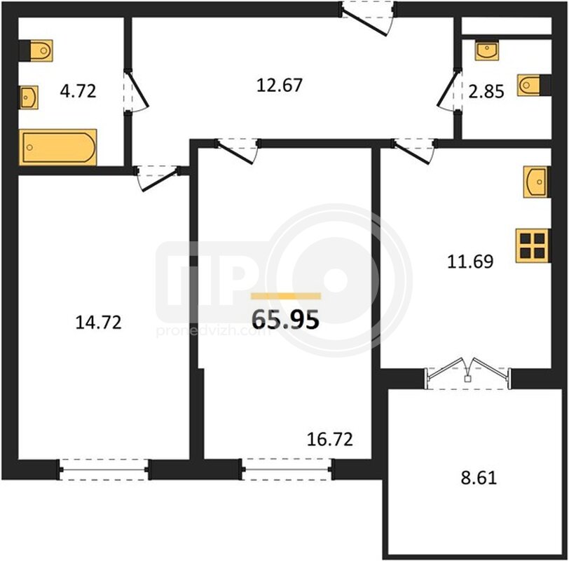 2-комнатная квартира, 65.95кв.м