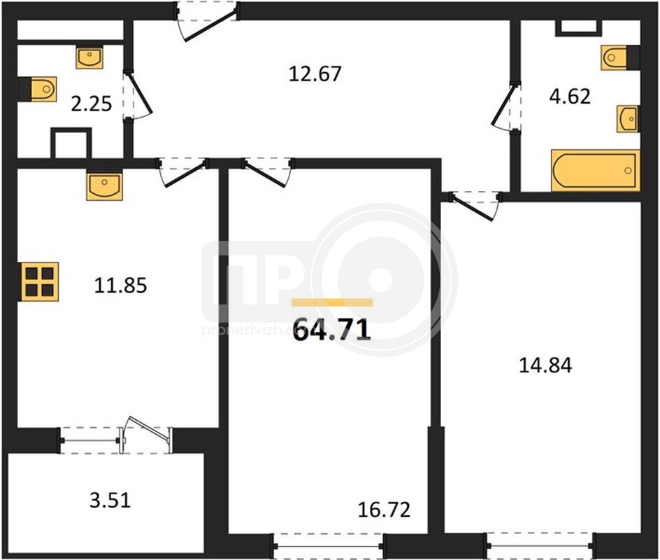 2-комнатная квартира, 64.71кв.м