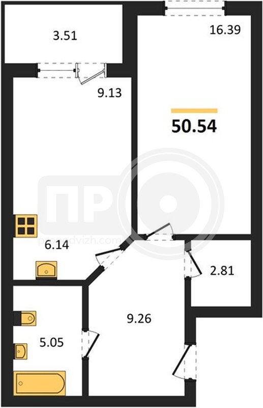 1-комнатная квартира, 50.54кв.м