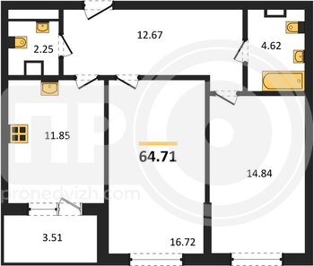 Миниатюра 2-комнатная квартира, 64.71кв.м