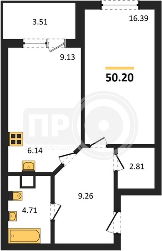 1-комнатная квартира, 50.2кв.м