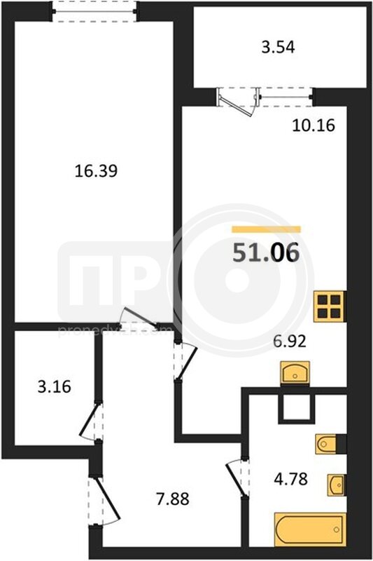 1-комнатная квартира, 51.06кв.м