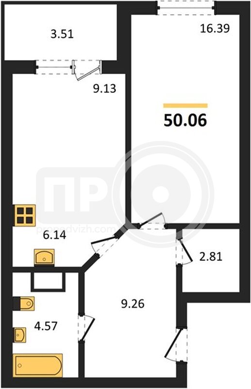 1-комнатная квартира, 50.06кв.м