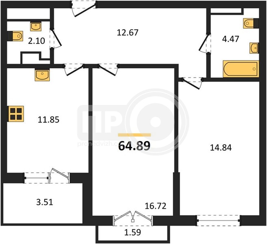 2-комнатная квартира, 64.89кв.м