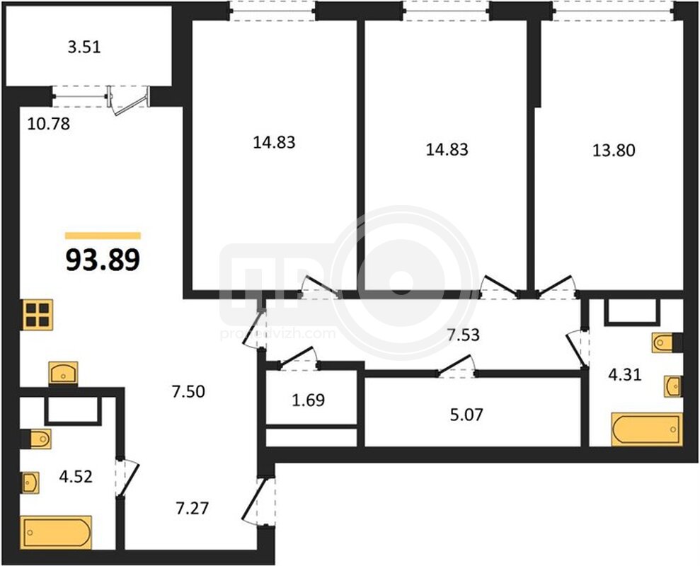 3-комнатная квартира, 93.89кв.м
