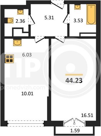 Миниатюра 1-комнатная квартира, 44.23кв.м