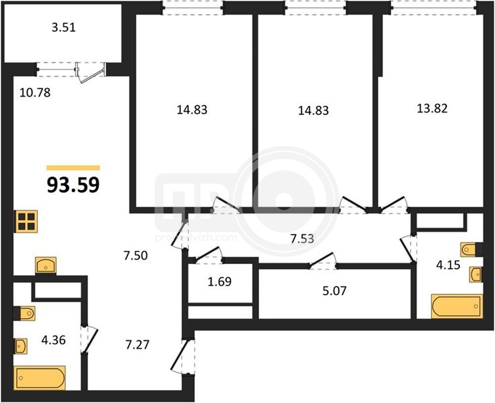 3-комнатная квартира, 93.59кв.м