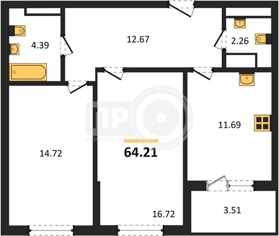 2-комнатная квартира, 64.21кв.м