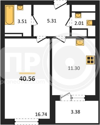 Миниатюра 1-комнатная квартира, 40.56кв.м