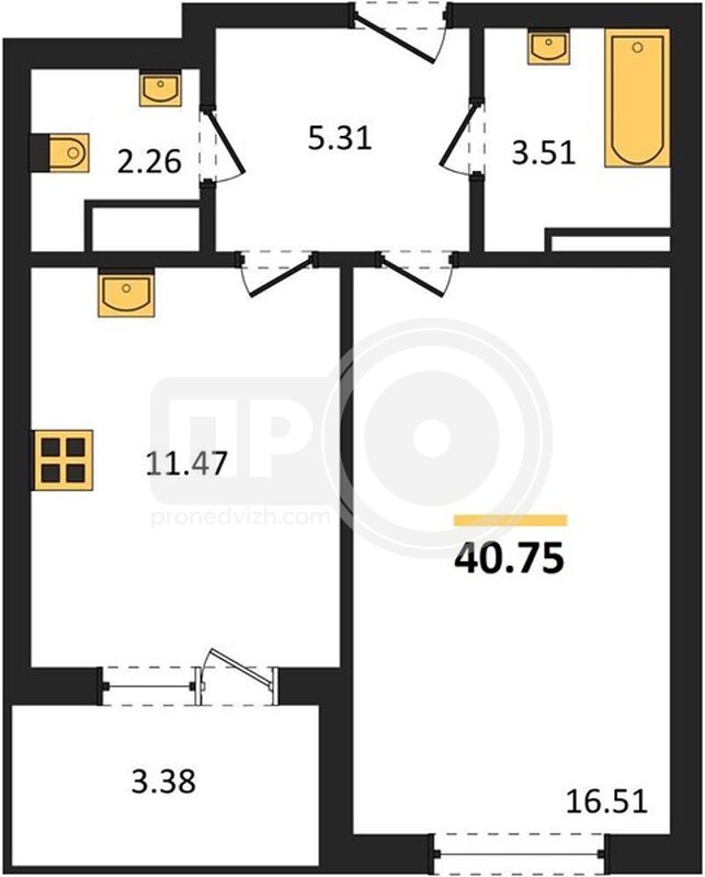 1-комнатная квартира, 40.75кв.м