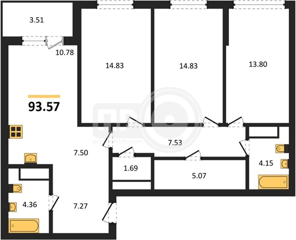 3-комнатная квартира, 93.57кв.м