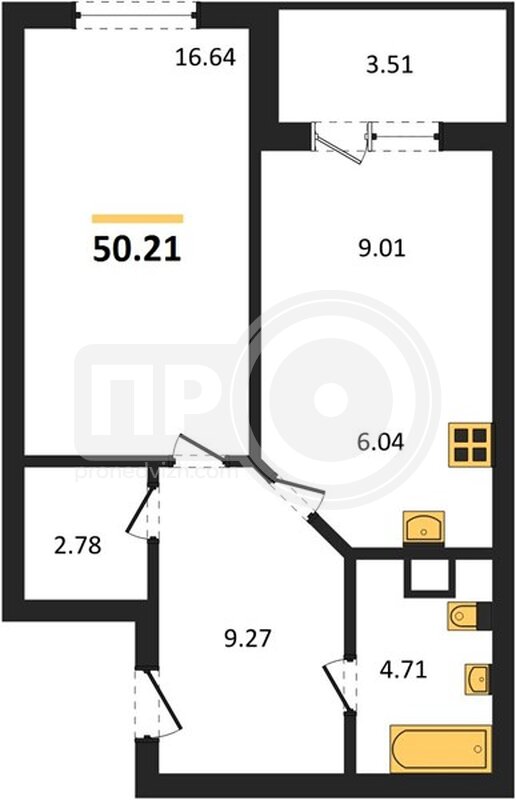 1-комнатная квартира, 50.21кв.м
