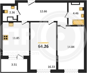 Миниатюра 2-комнатная квартира, 64.26кв.м