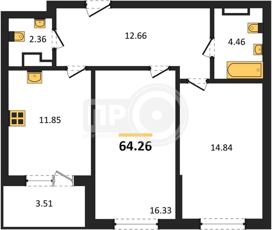 2-комнатная квартира, 64.26кв.м