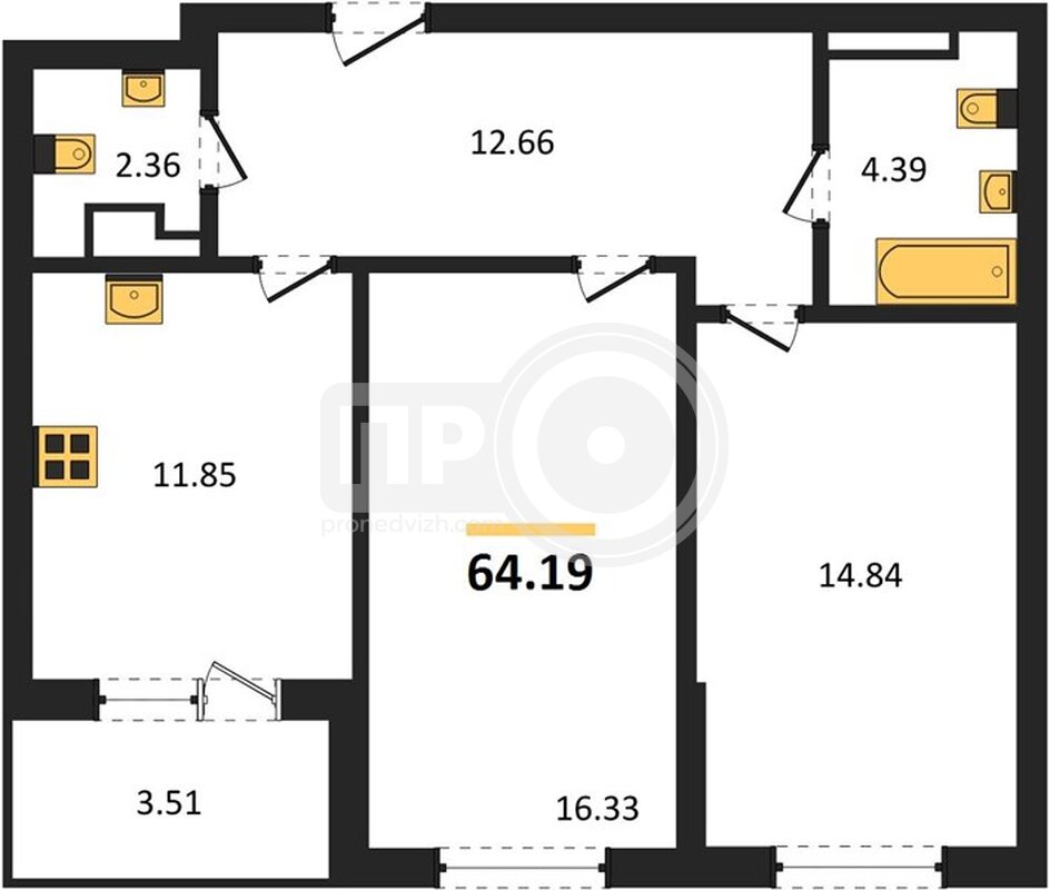 2-комнатная квартира, 64.19кв.м