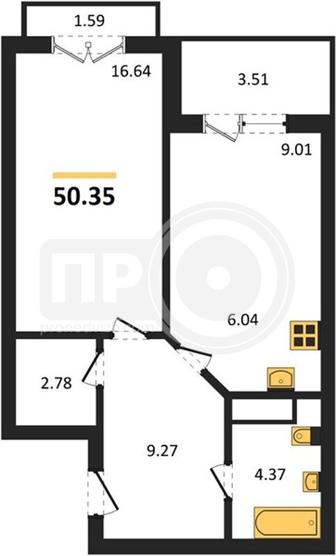1-комнатная квартира, 50.35кв.м