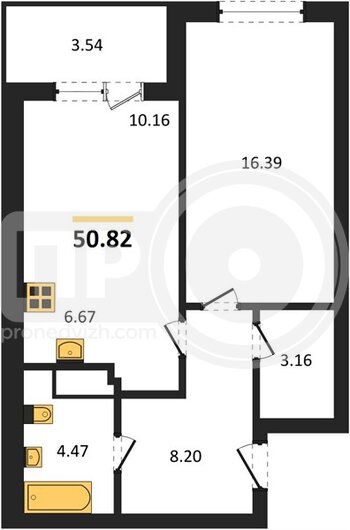 Миниатюра 1-комнатная квартира, 50.82кв.м