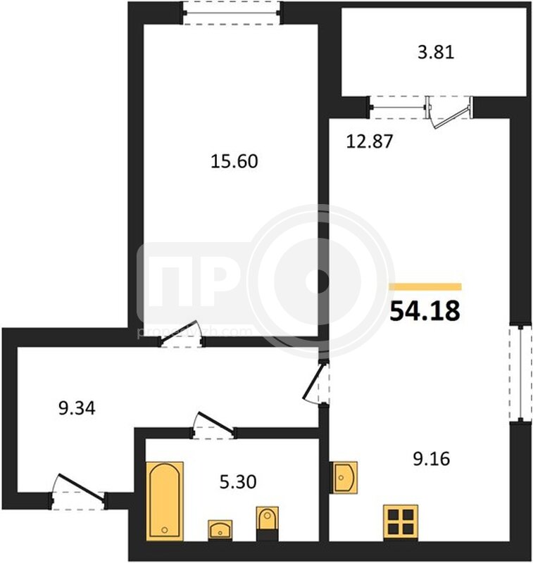 1-комнатная квартира, 54.18кв.м