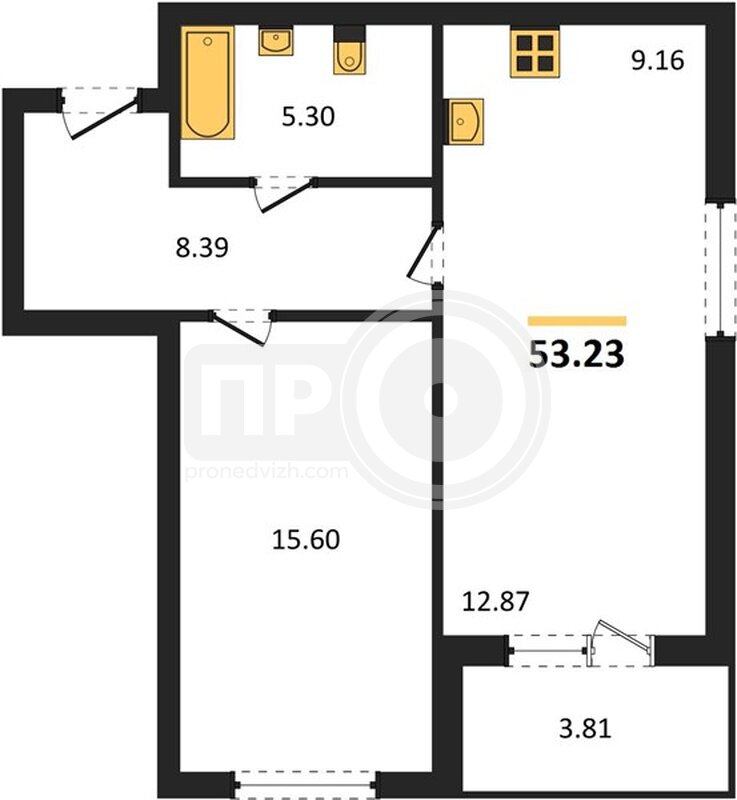 1-комнатная квартира, 53.23кв.м