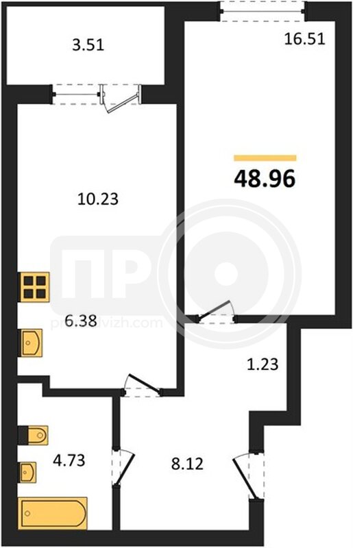 1-комнатная квартира, 48.96кв.м