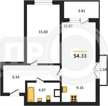 Миниатюра 1-комнатная квартира, 54.33кв.м