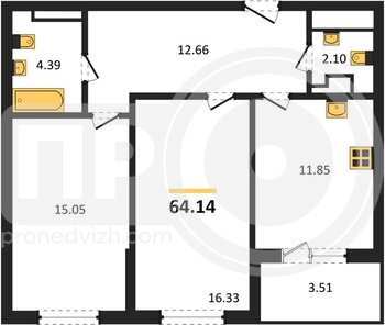 Миниатюра 2-комнатная квартира, 64.14кв.м