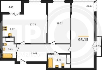 Миниатюра 2-комнатная квартира, 93.15кв.м