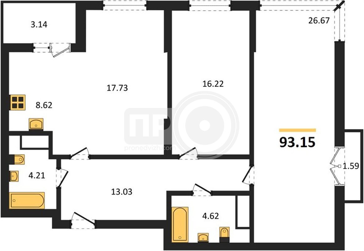 2-комнатная квартира, 93.15кв.м