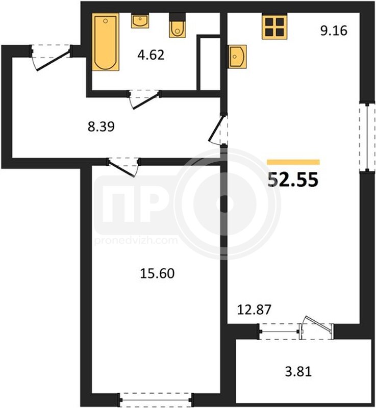 1-комнатная квартира, 52.55кв.м