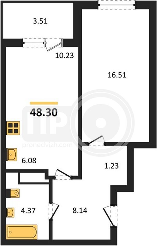 1-комнатная квартира, 48.3кв.м