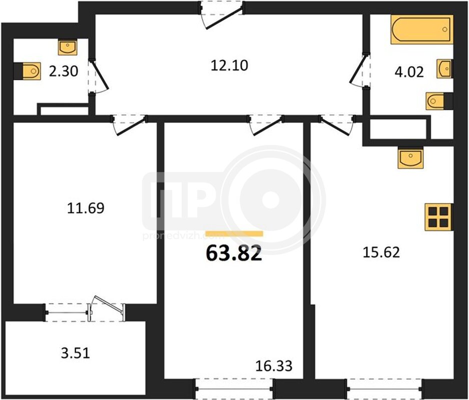 2-комнатная квартира, 63.82кв.м