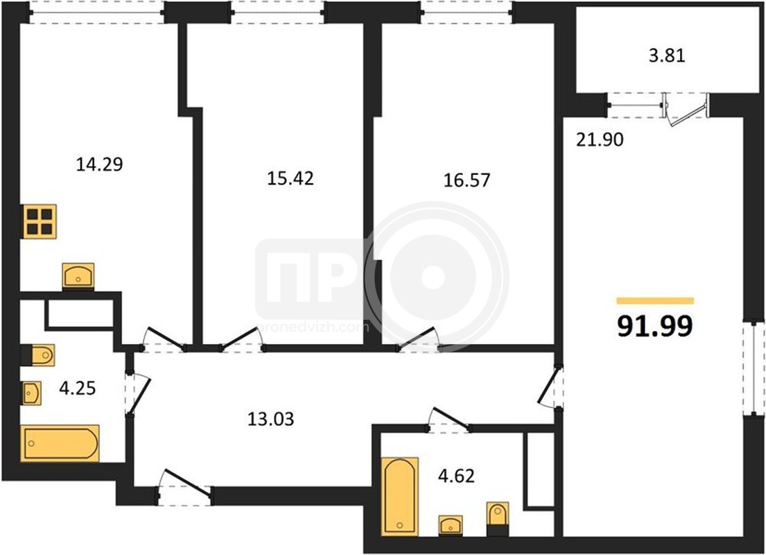 3-комнатная квартира, 91.99кв.м
