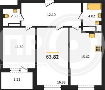 Миниатюра 2-комнатная квартира, 63.82кв.м