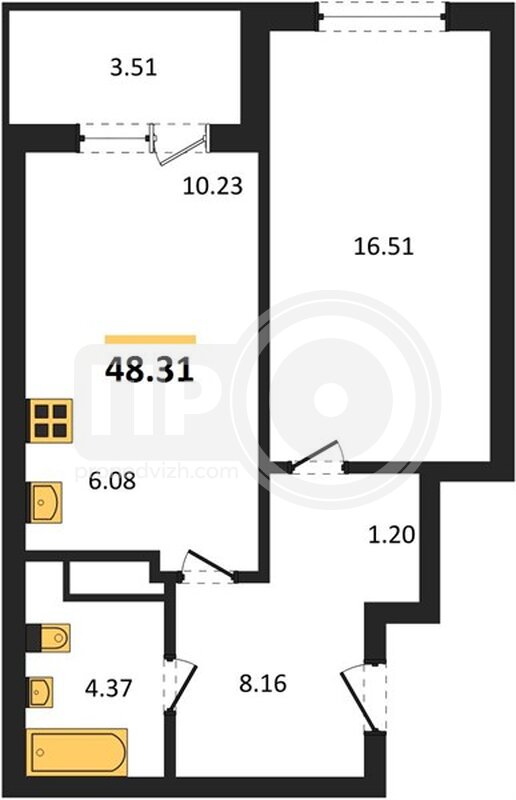 1-комнатная квартира, 48.31кв.м