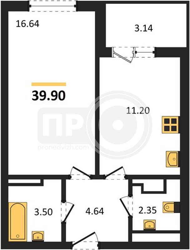 1-комнатная квартира, 39.9кв.м