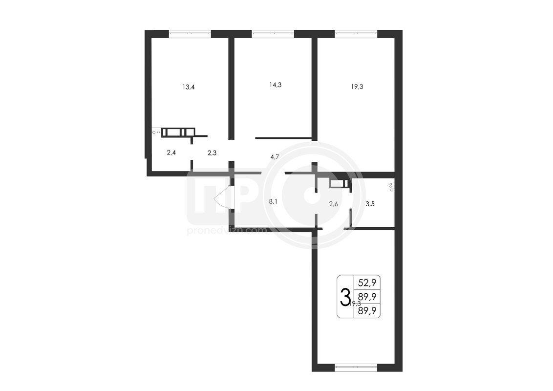 3-комнатная квартира, 89.9кв.м