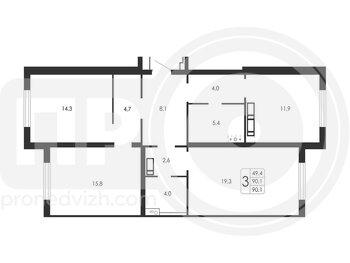 Миниатюра 3-комнатная квартира, 90.1кв.м