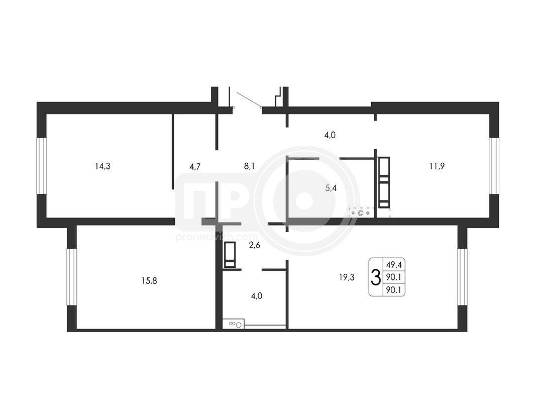 3-комнатная квартира, 90.1кв.м