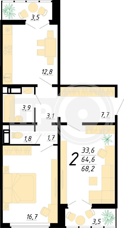 2-комнатная квартира, 68.2кв.м