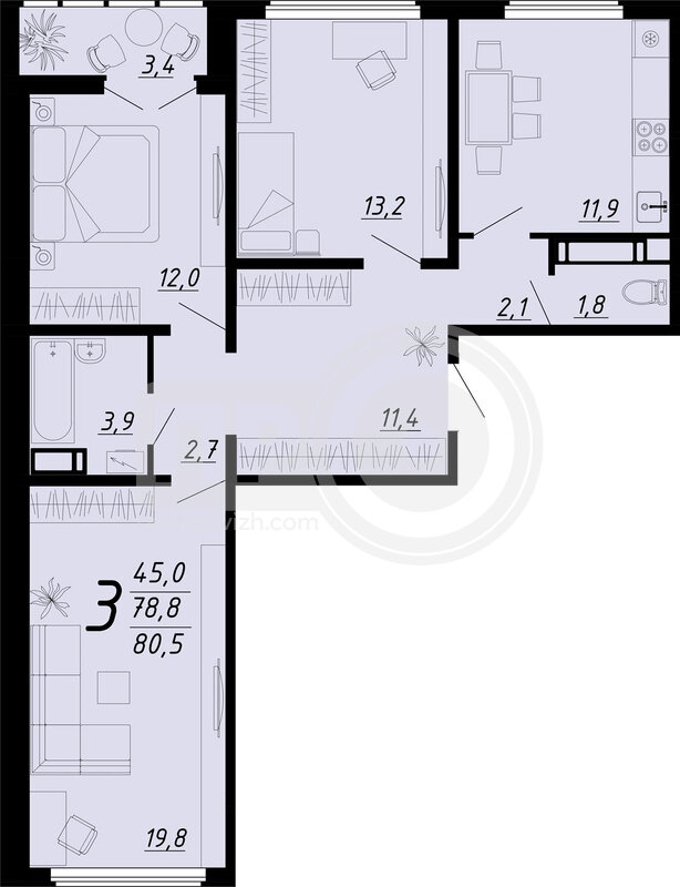 3-комнатная квартира, 80.1кв.м